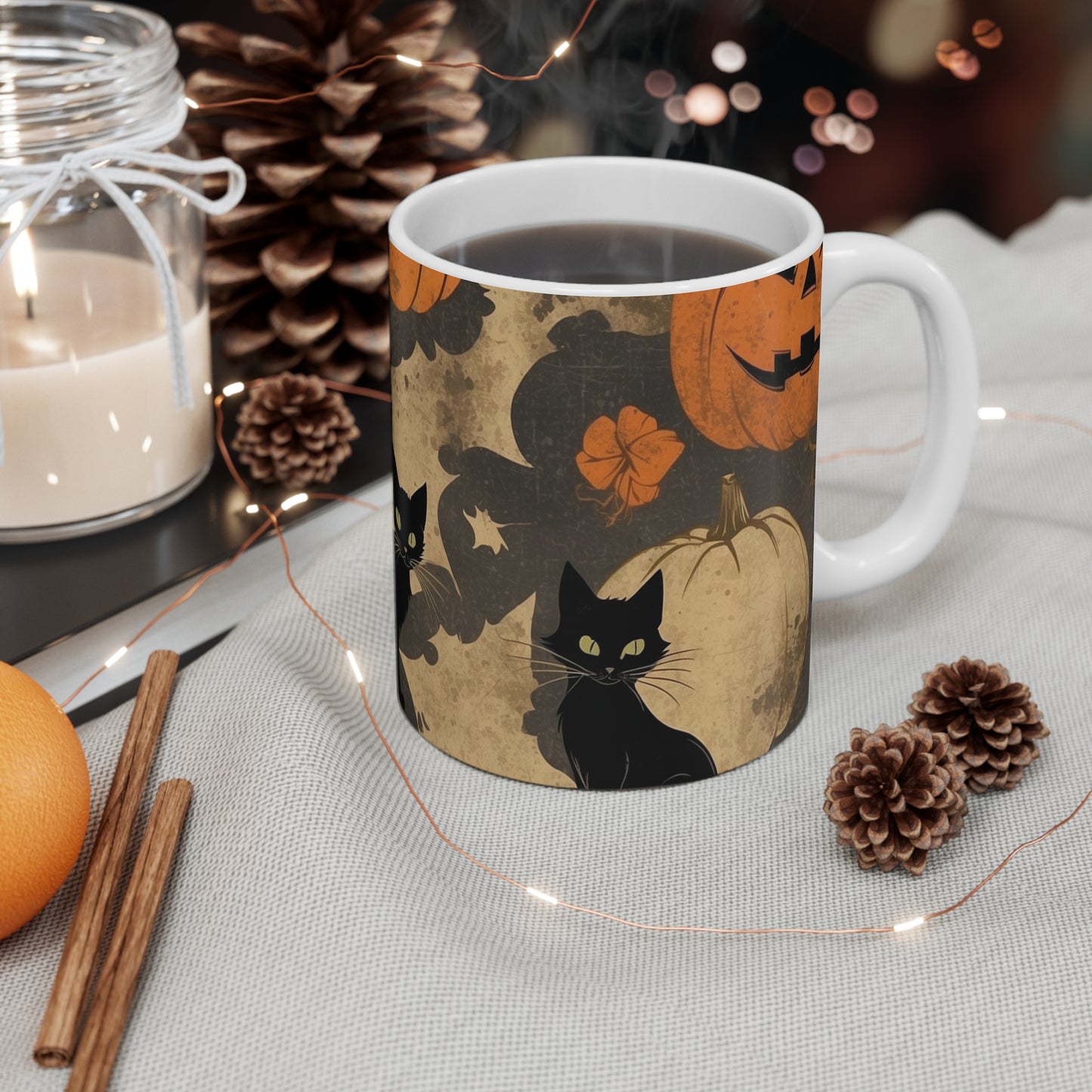 Halloween Cat Mug, Spooky Coffee Cup, Black Cat and Pumpkin Design, Fall Decor, Halloween Gift, Witchy Kitchenware