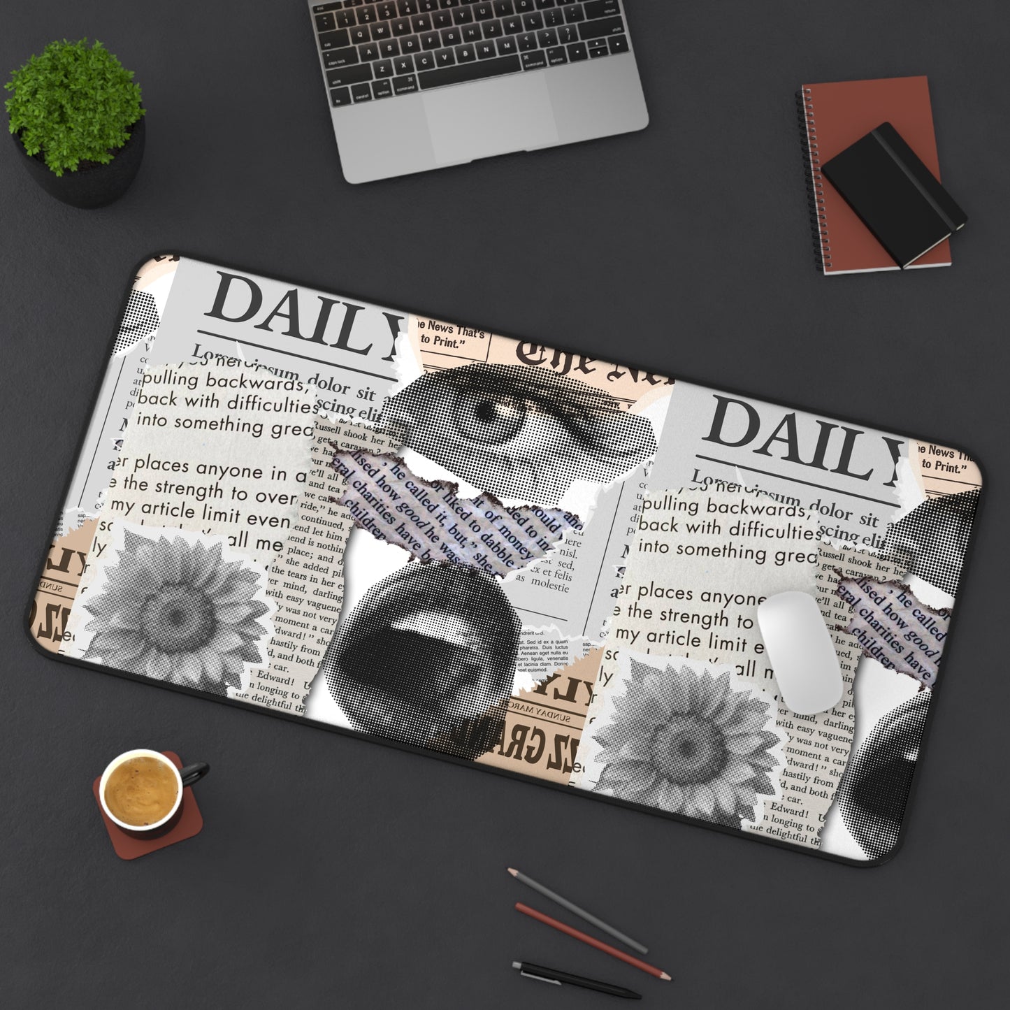 Stylish Desk Mat with Newspaper and Floral Design, Ideal for Home Office, Gifts, Desk Accessories, Office Decor, Unique Workspaces