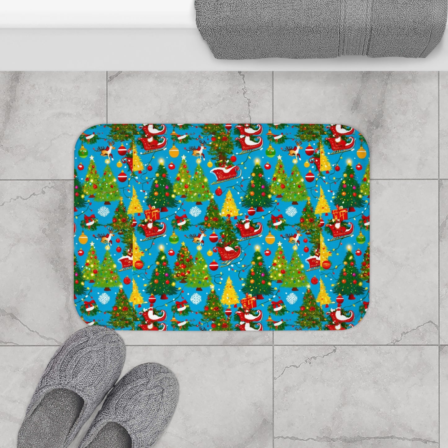 Christmas Bath Mat with Santa and Trees, Holiday Decor, Festive Bathroom Accessory, Gift for Her, Winter Holidays