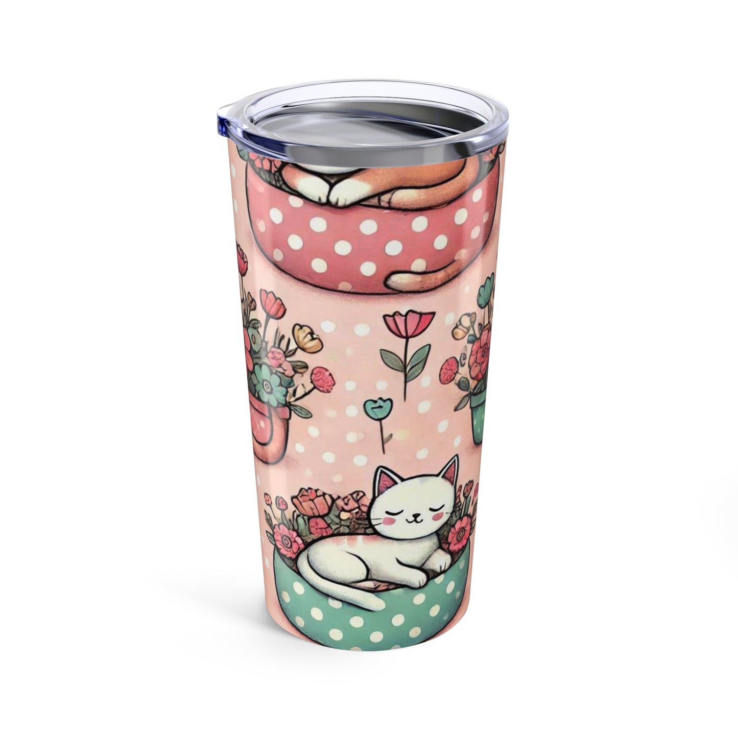 20oz Floral Cat Tumbler – Cute Polka Dot Teacup Bouquet Travel Mug
