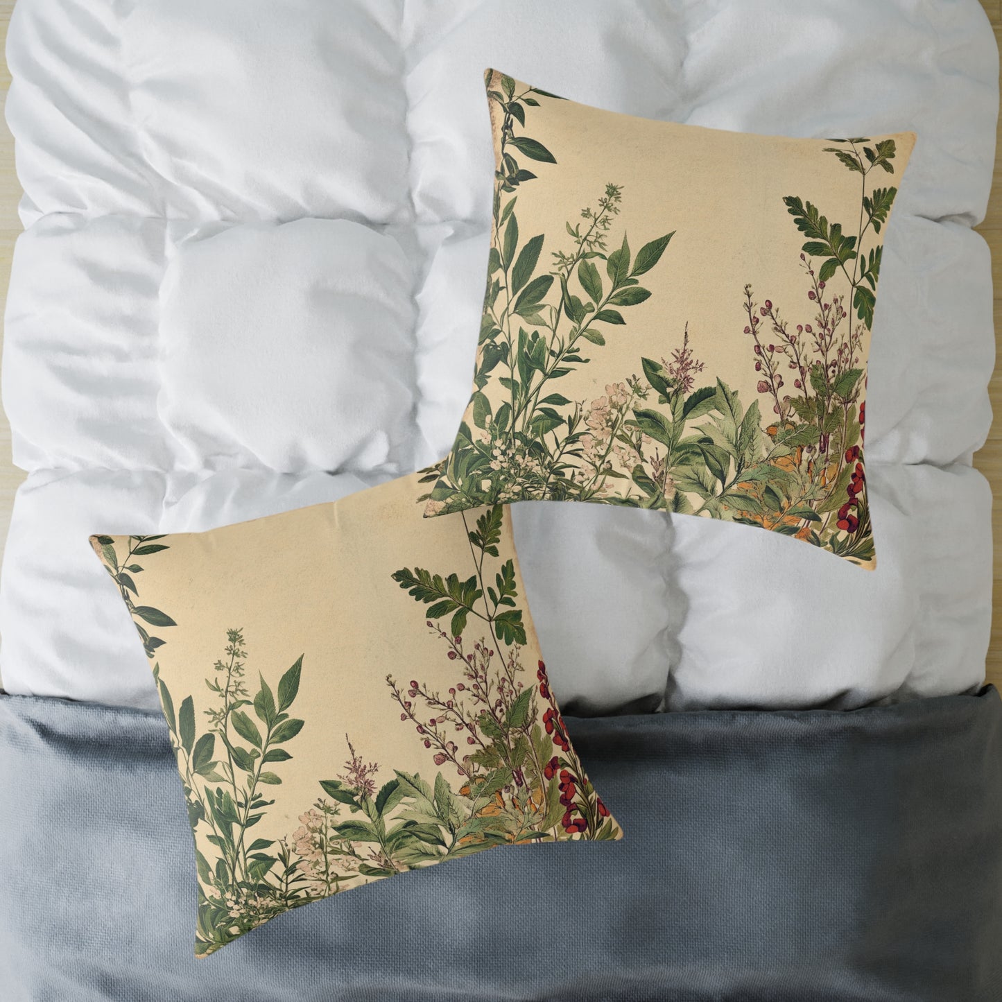 Botanical Floral Throw Pillow — Vintage Greenery Square Cushion
