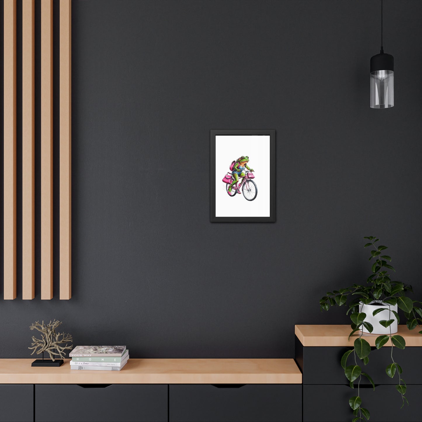 Whimsical Frog on Bicycle Framed Poster, Quirky Wall Art, Home Decor, Gift for Nature Lovers, Bike Enthusiasts