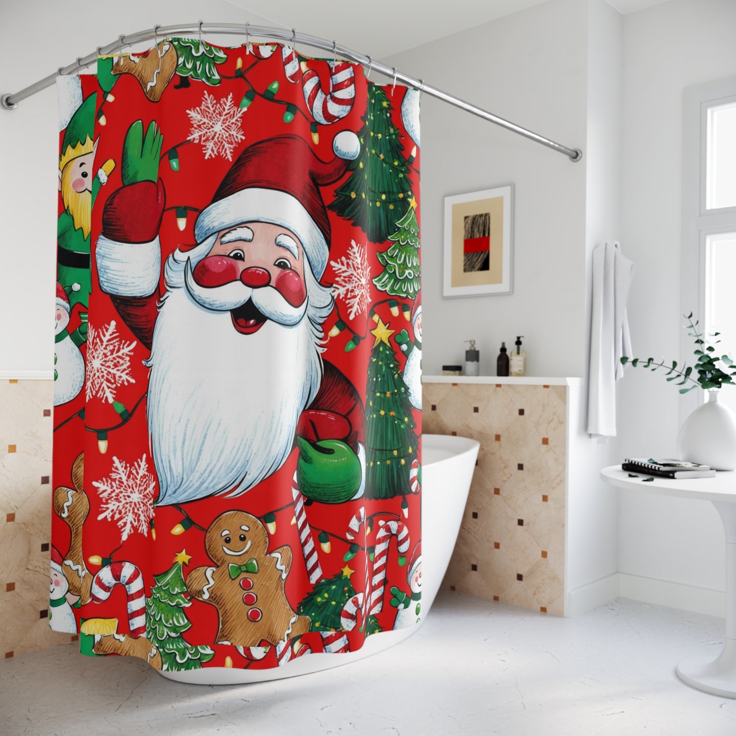 Festive Santa Shower Curtains - Holiday Bathroom Decor, Christmas Gift, Seasonal Home Accents, Cheerful Red Design, Fun Decor