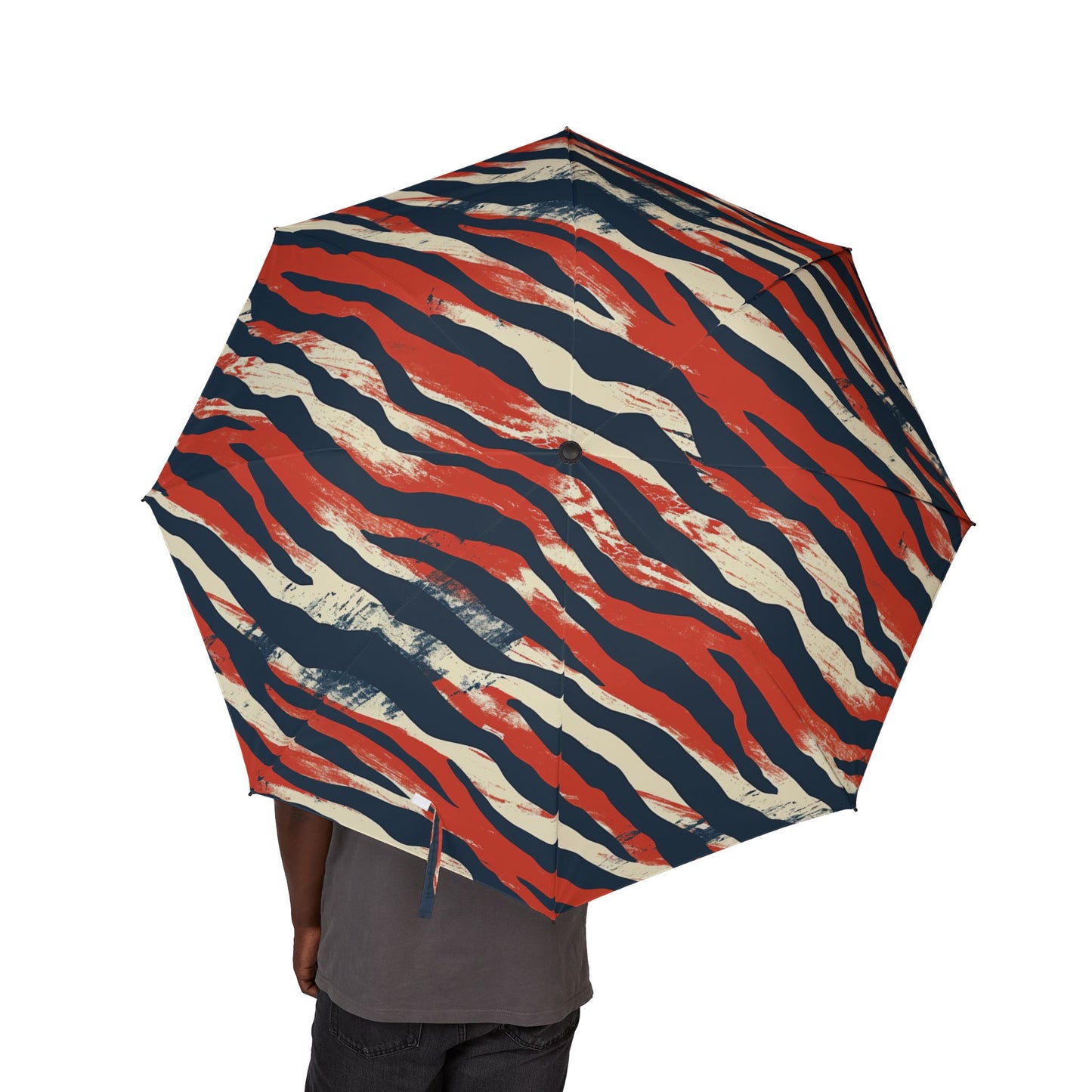 Foldable Umbrella — Red Navy Tiger Stripe Compact Rain Umbrella ,Africa Pattern.