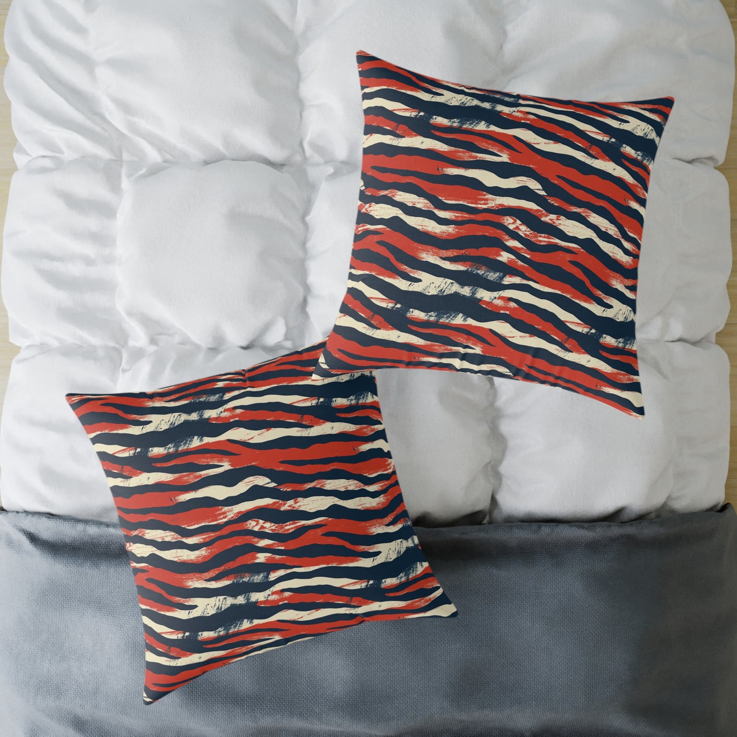 Red Navy Tiger Stripe Square Pillow - Bold Animal Print Decorative Cushion