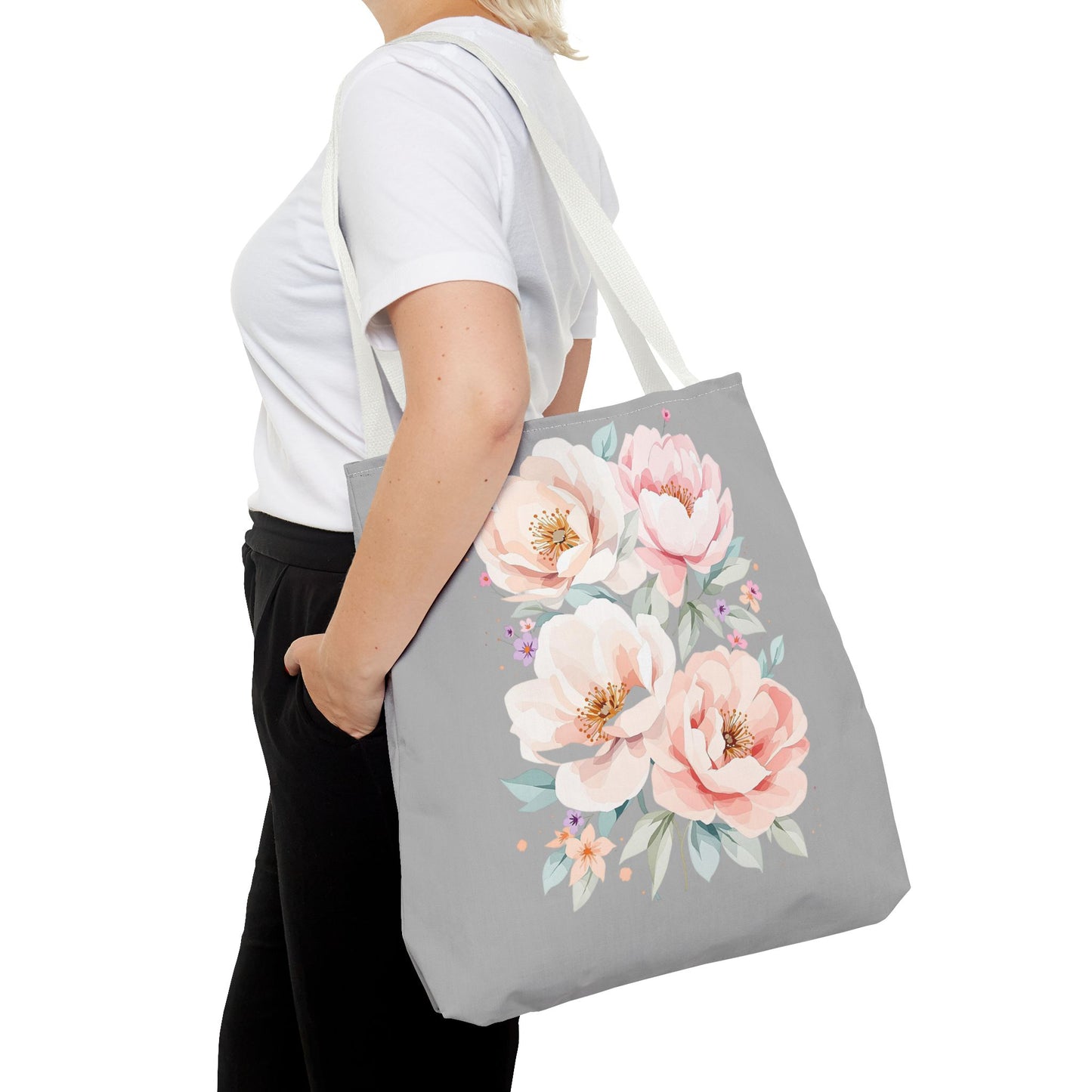 Floral Peony Tote Bag — Pink Watercolor Flowers on Grey