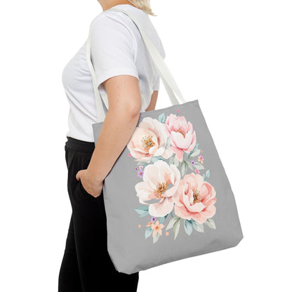 Floral Peony Tote Bag — Pink Watercolor Flowers on Grey