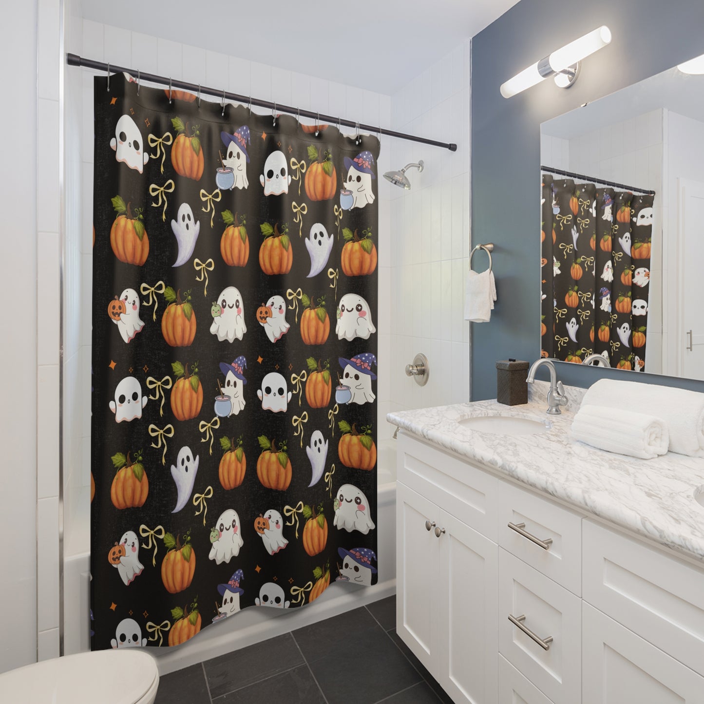 Cute Halloween Shower Curtain - Spooky Bathroom Decor, Fun Ghost & Pumpkin Design, Seasonal Home Decor, Halloween Party