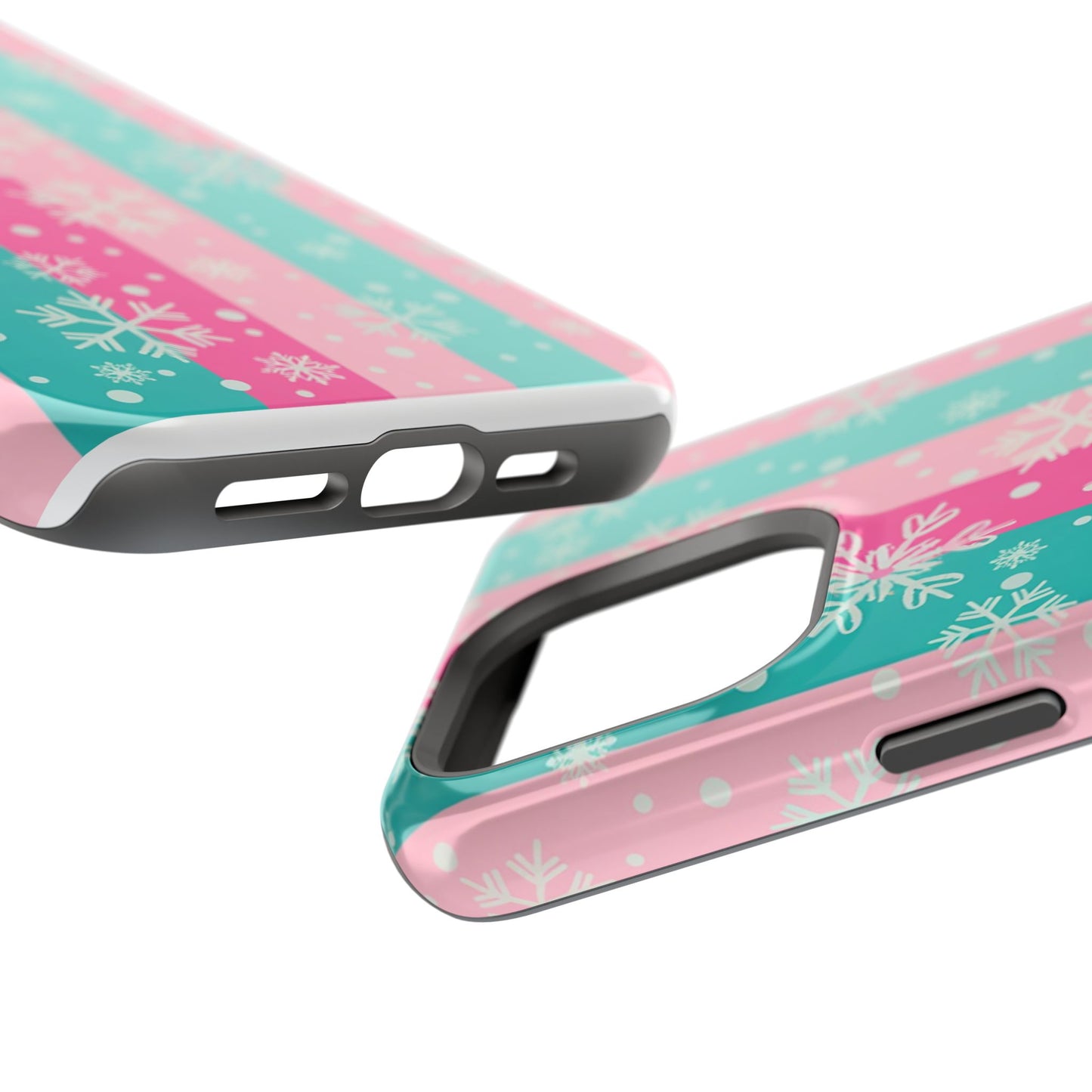 Snowflake Striped Magnetic Impact-Resistant Phone Case — Pink & Teal Winter Design
