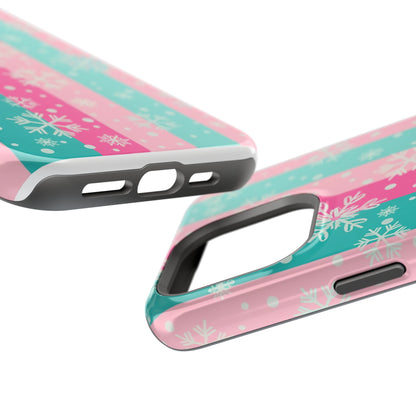 Snowflake Striped Magnetic Impact-Resistant Phone Case — Pink & Teal Winter Design