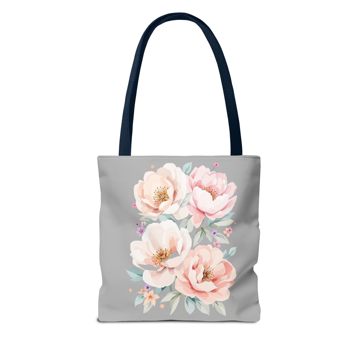 Floral Peony Tote Bag — Pink Watercolor Flowers on Grey