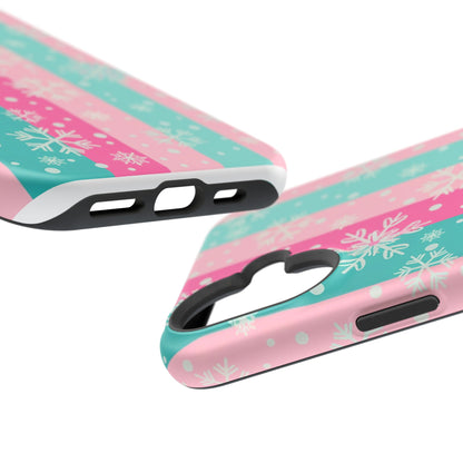Snowflake Striped Magnetic Impact-Resistant Phone Case — Pink & Teal Winter Design