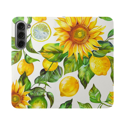 Sunflower & Lemon Flip Phone Case – Floral Wallet Flip Case with Card Slots