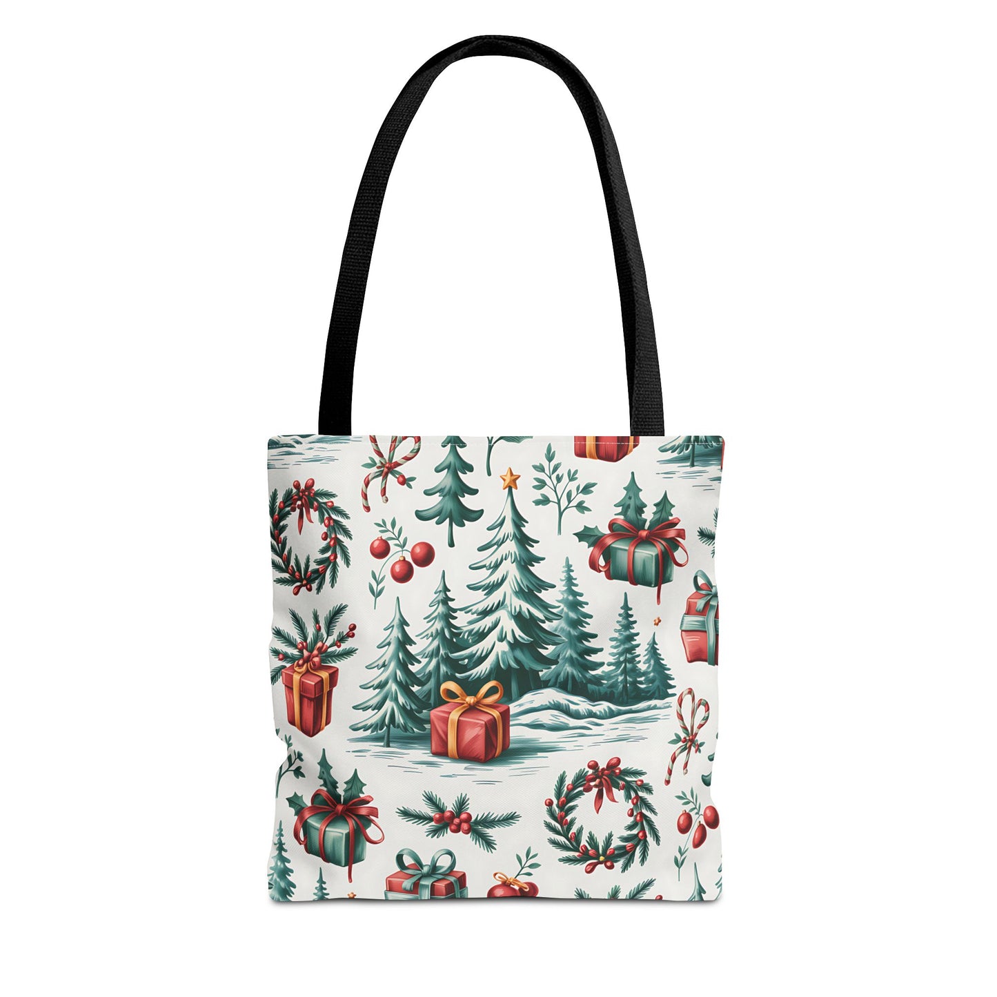Festive Holiday Tote Bag with Christmas Trees and Gifts