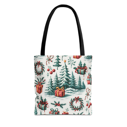 Festive Holiday Tote Bag with Christmas Trees and Gifts