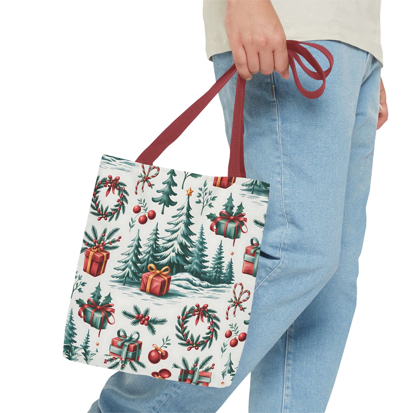 Festive Holiday Tote Bag with Christmas Trees and Gifts