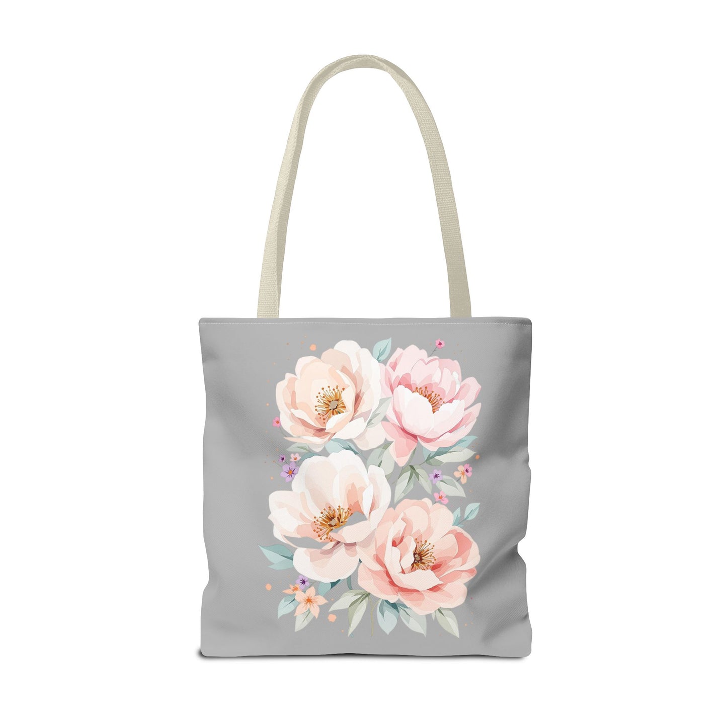 Floral Peony Tote Bag — Pink Watercolor Flowers on Grey