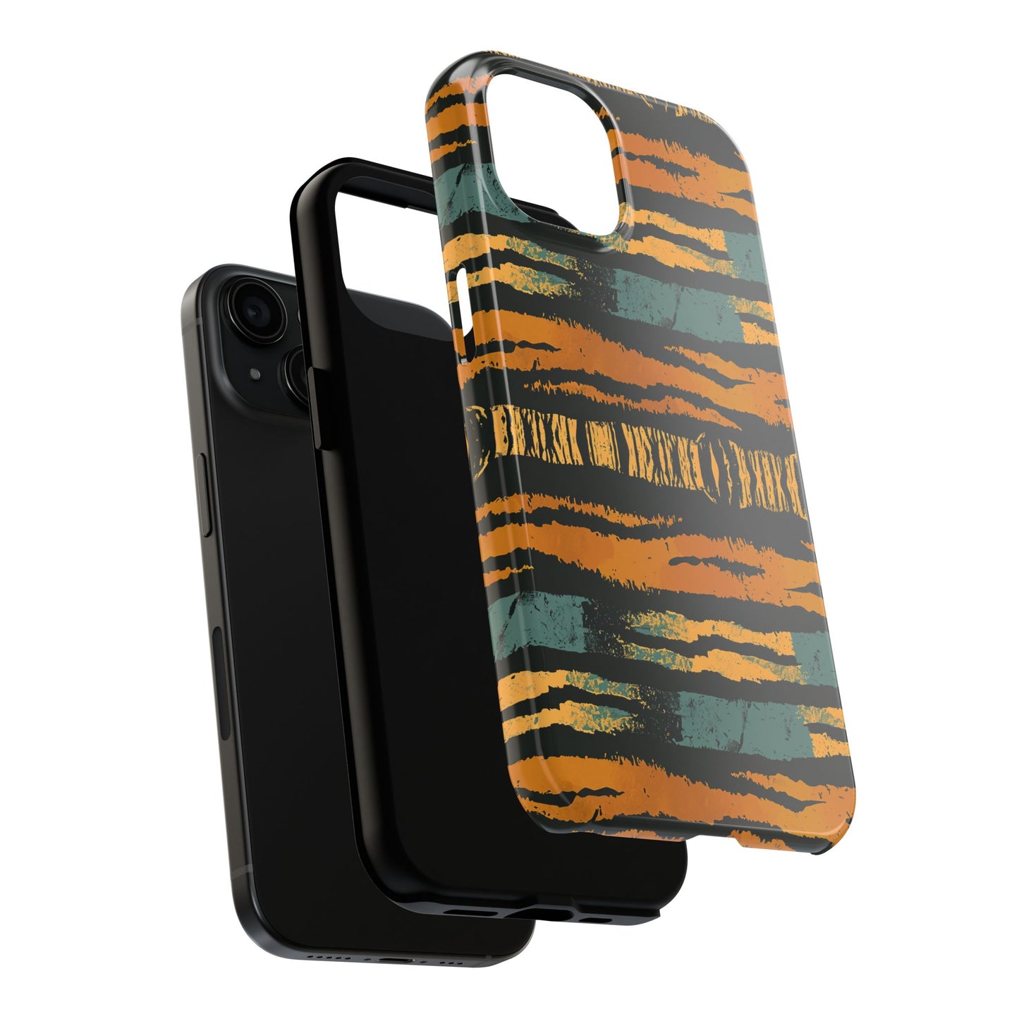 Tiger Stripe Tough Phone Case — Rugged Protective iPhone Cover with Amber & Teal Brushstroke Pattern