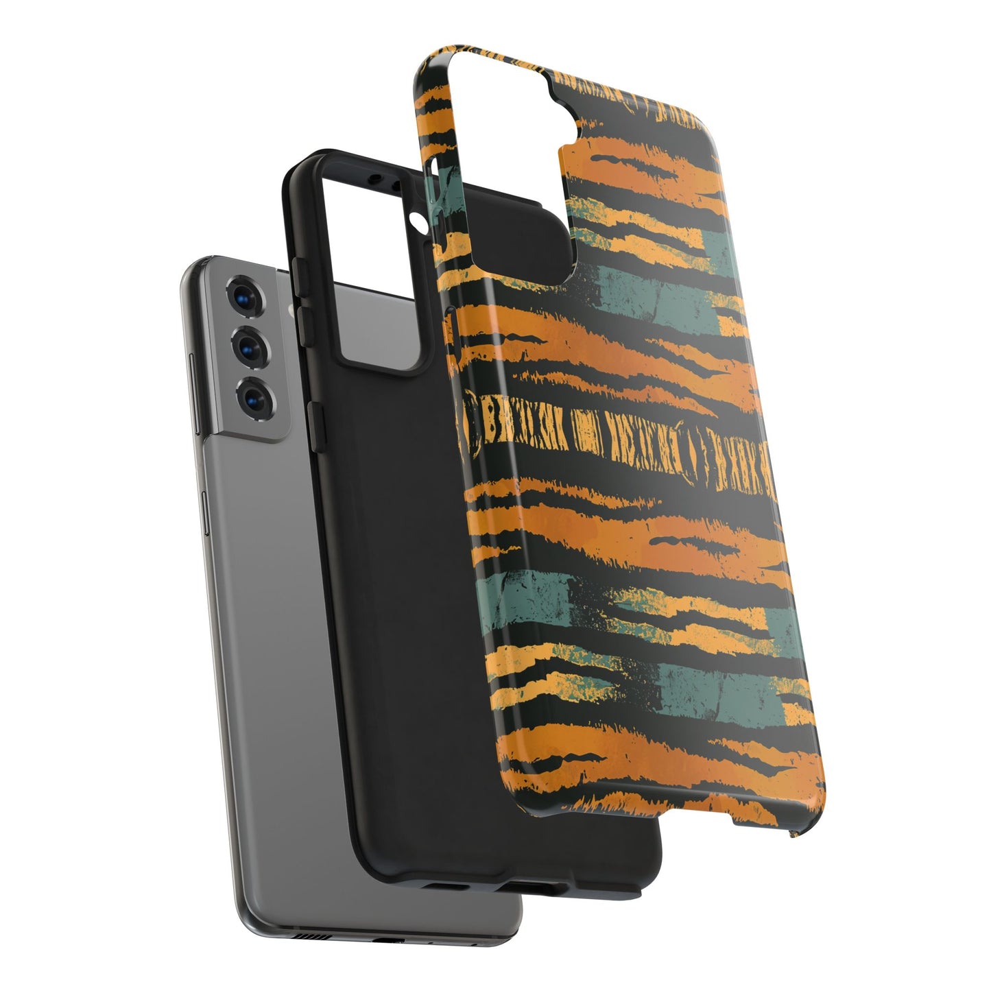 Tiger Stripe Tough Phone Case — Rugged Protective iPhone Cover with Amber & Teal Brushstroke Pattern