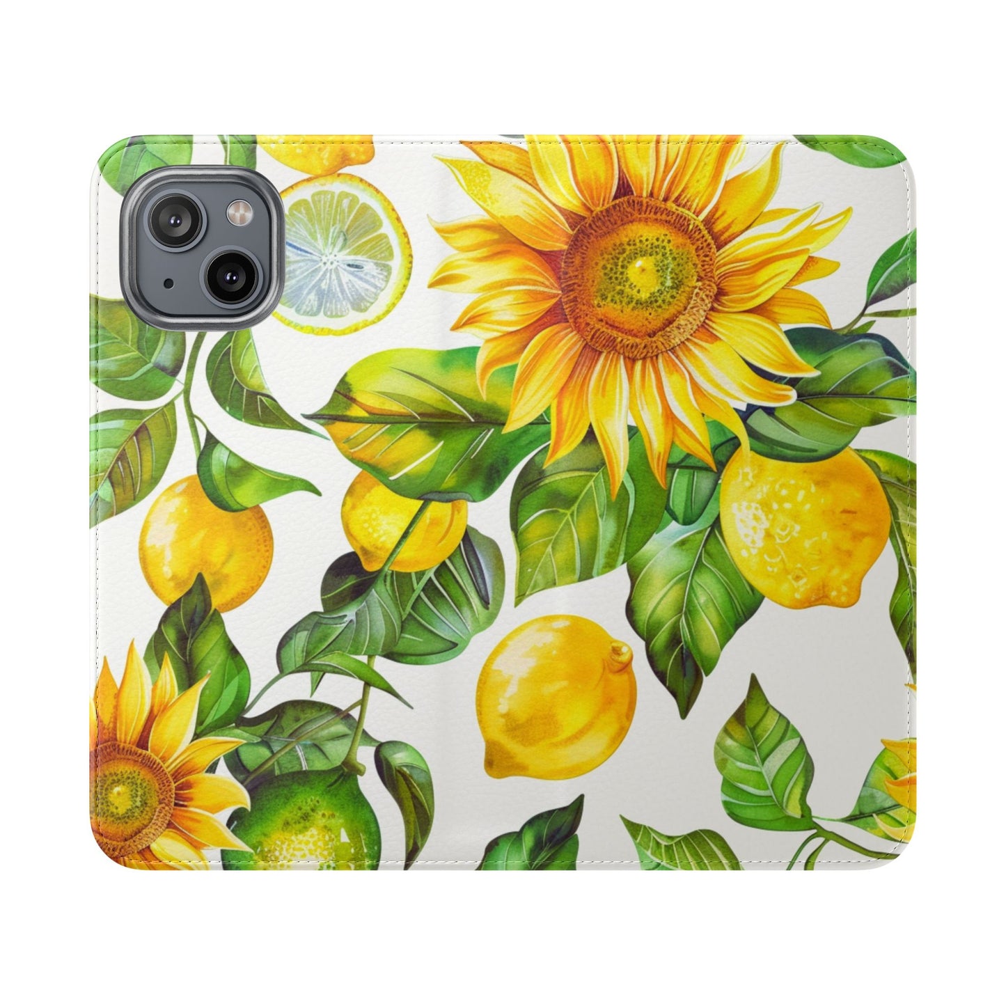 Sunflower & Lemon Flip Phone Case – Floral Wallet Flip Case with Card Slots