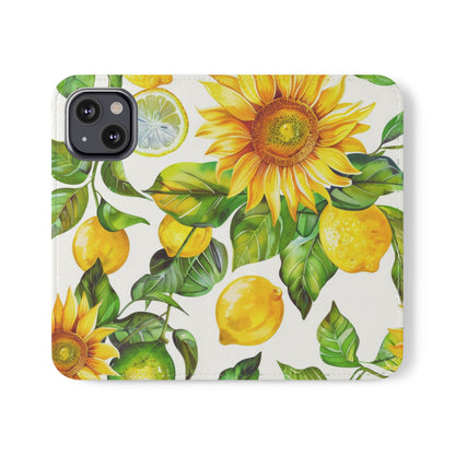 Sunflower & Lemon Flip Phone Case – Floral Wallet Flip Case with Card Slots