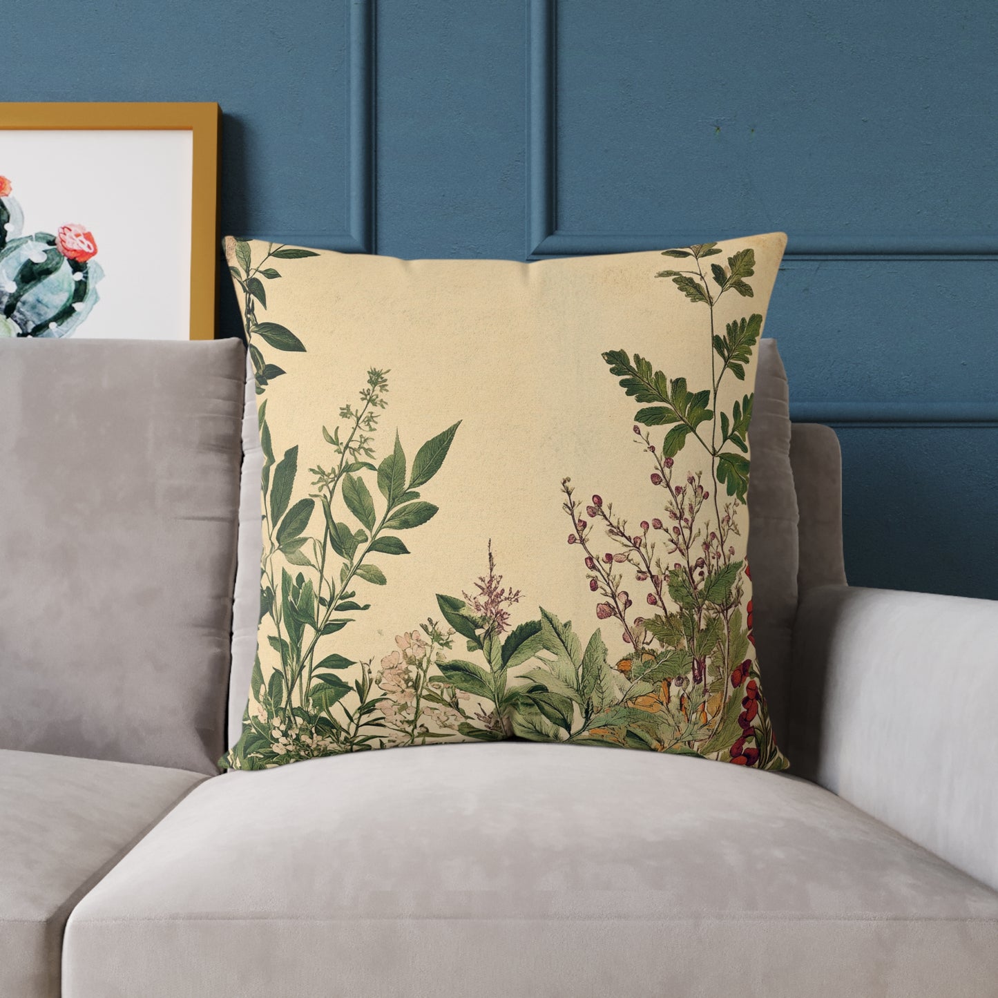 Botanical Floral Throw Pillow — Vintage Greenery Square Cushion