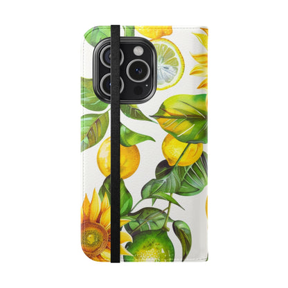 Sunflower & Lemon Flip Phone Case – Floral Wallet Flip Case with Card Slots