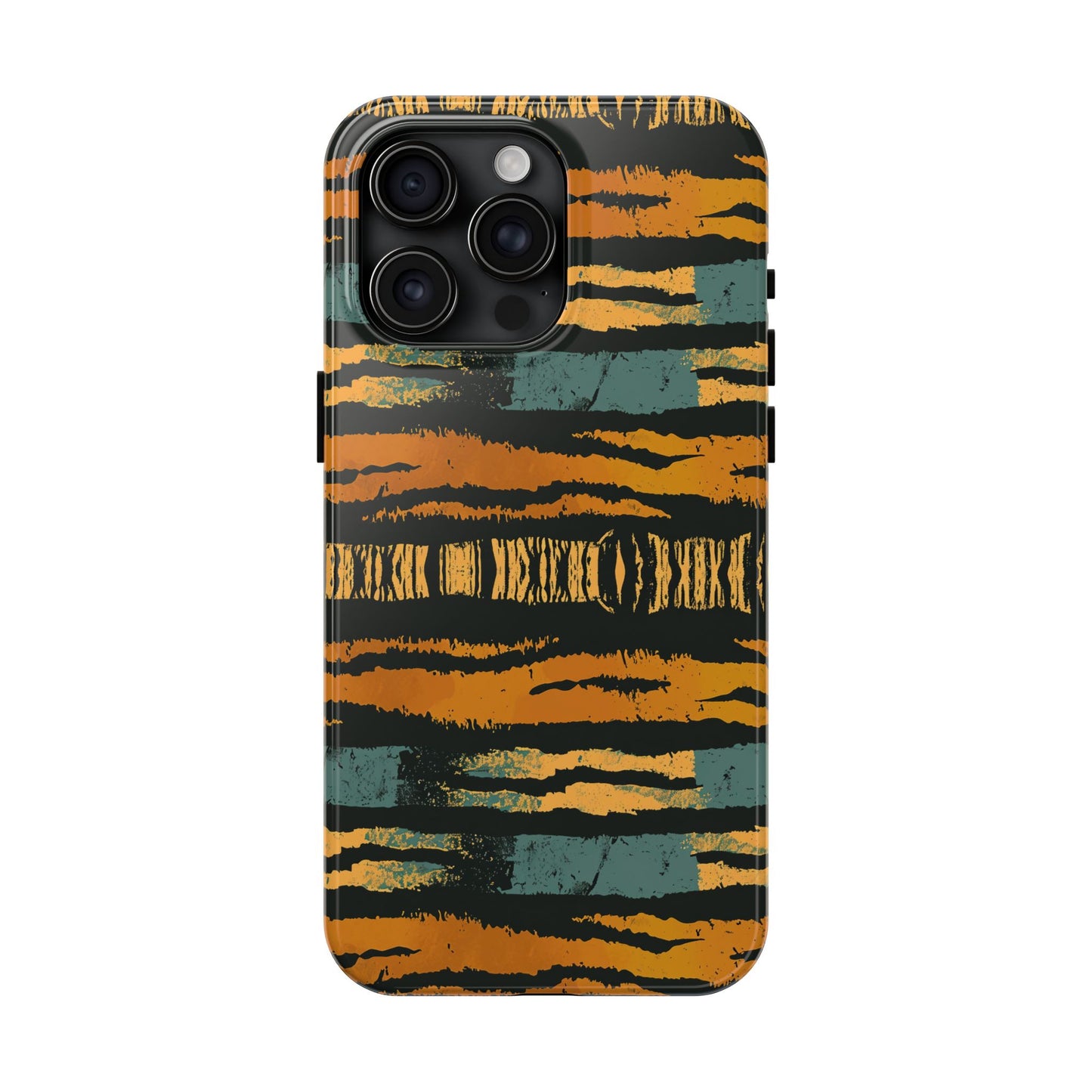 Tiger Stripe Tough Phone Case — Rugged Protective iPhone Cover with Amber & Teal Brushstroke Pattern