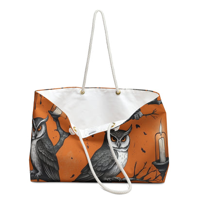 Spooky Owl Weekender Bag, Halloween Travel Tote, Fall Weekend Bag, Owl Print Luggage, Bohemian Tote for Autumn Adventures