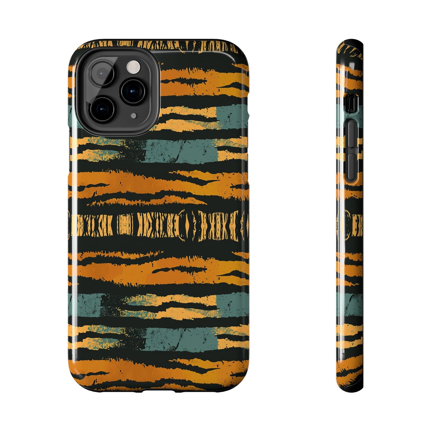 Tiger Stripe Tough Phone Case — Rugged Protective iPhone Cover with Amber & Teal Brushstroke Pattern