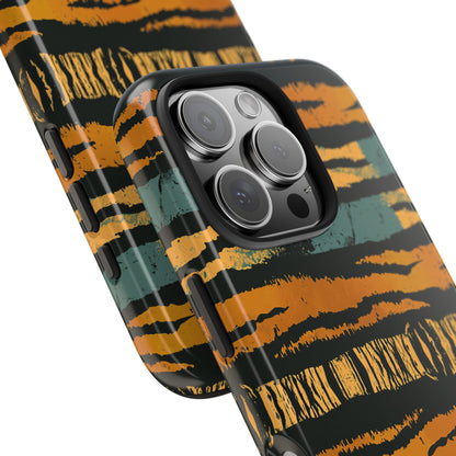 Tiger Stripe Tough Phone Case — Rugged Protective iPhone Cover with Amber & Teal Brushstroke Pattern