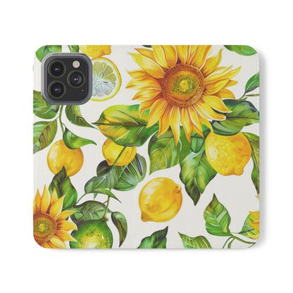 Sunflower & Lemon Flip Phone Case – Floral Wallet Flip Case with Card Slots