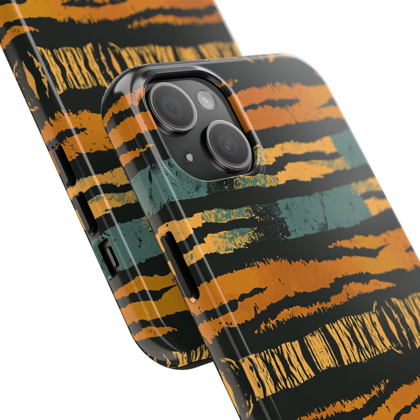 Tiger Stripe Tough Phone Case — Rugged Protective iPhone Cover with Amber & Teal Brushstroke Pattern