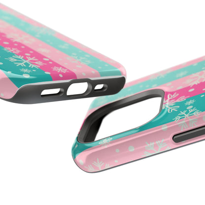 Snowflake Striped Magnetic Impact-Resistant Phone Case — Pink & Teal Winter Design