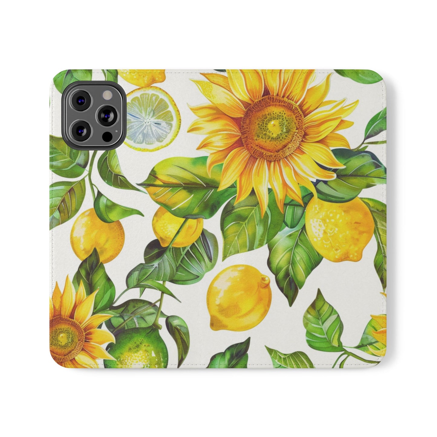 Sunflower & Lemon Flip Phone Case – Floral Wallet Flip Case with Card Slots