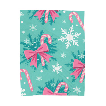 Christmas Candy Cane Plush Blanket — Teal Snowflake Velveteen Throw