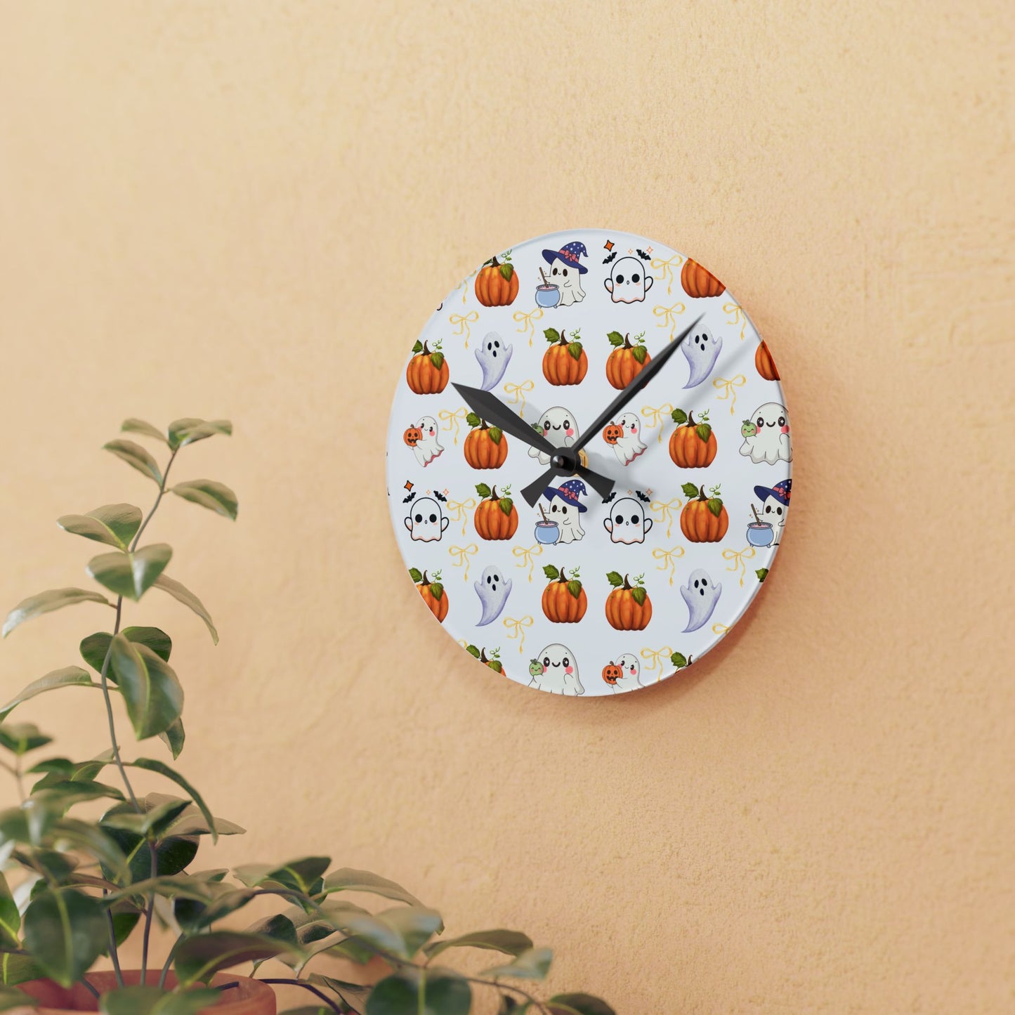 Halloween Themed Acrylic Wall Clock, Cute Pumpkin and Ghost Decor, Spooky Home Decoration, Fall Wall Art, Seasonal Clock