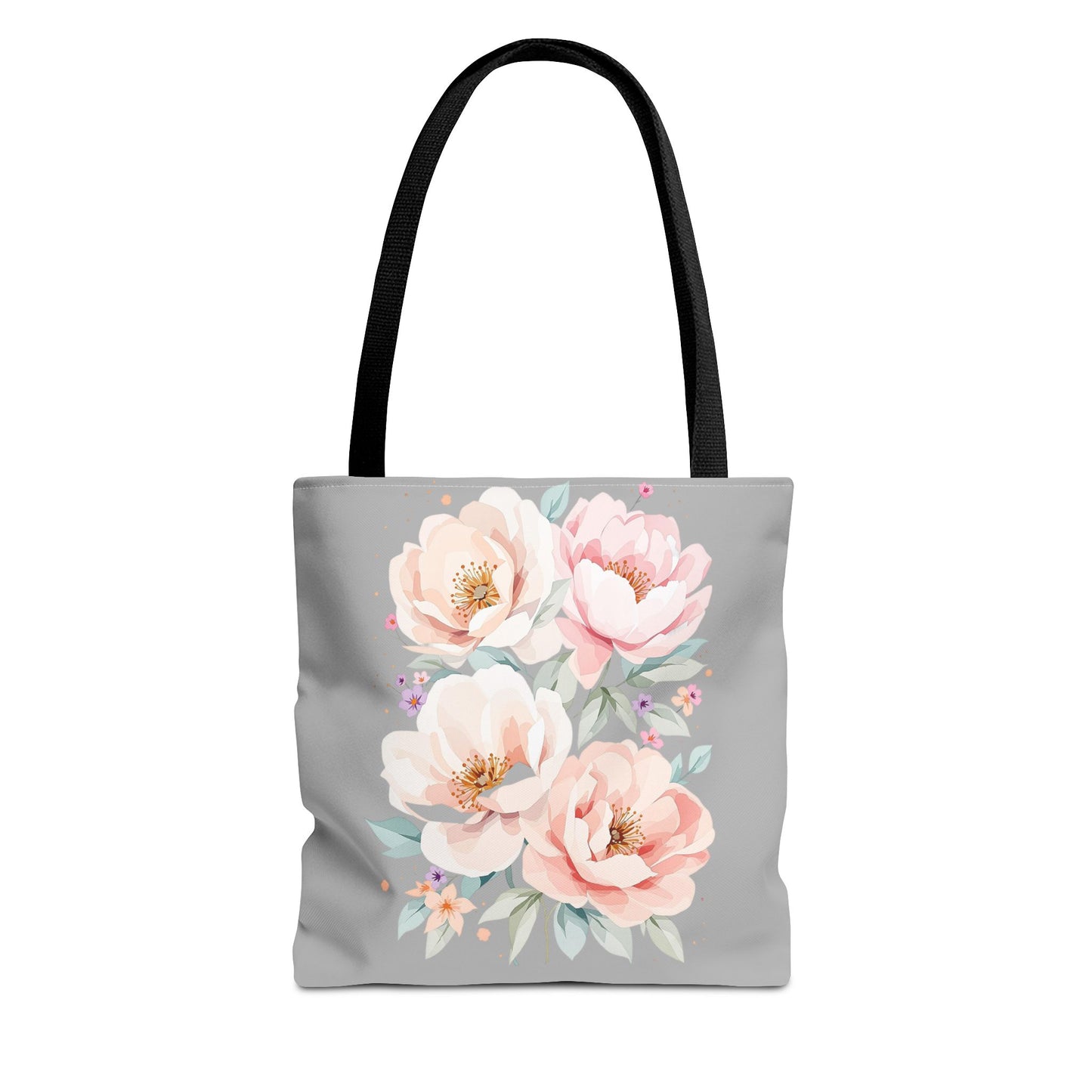 Floral Peony Tote Bag — Pink Watercolor Flowers on Grey