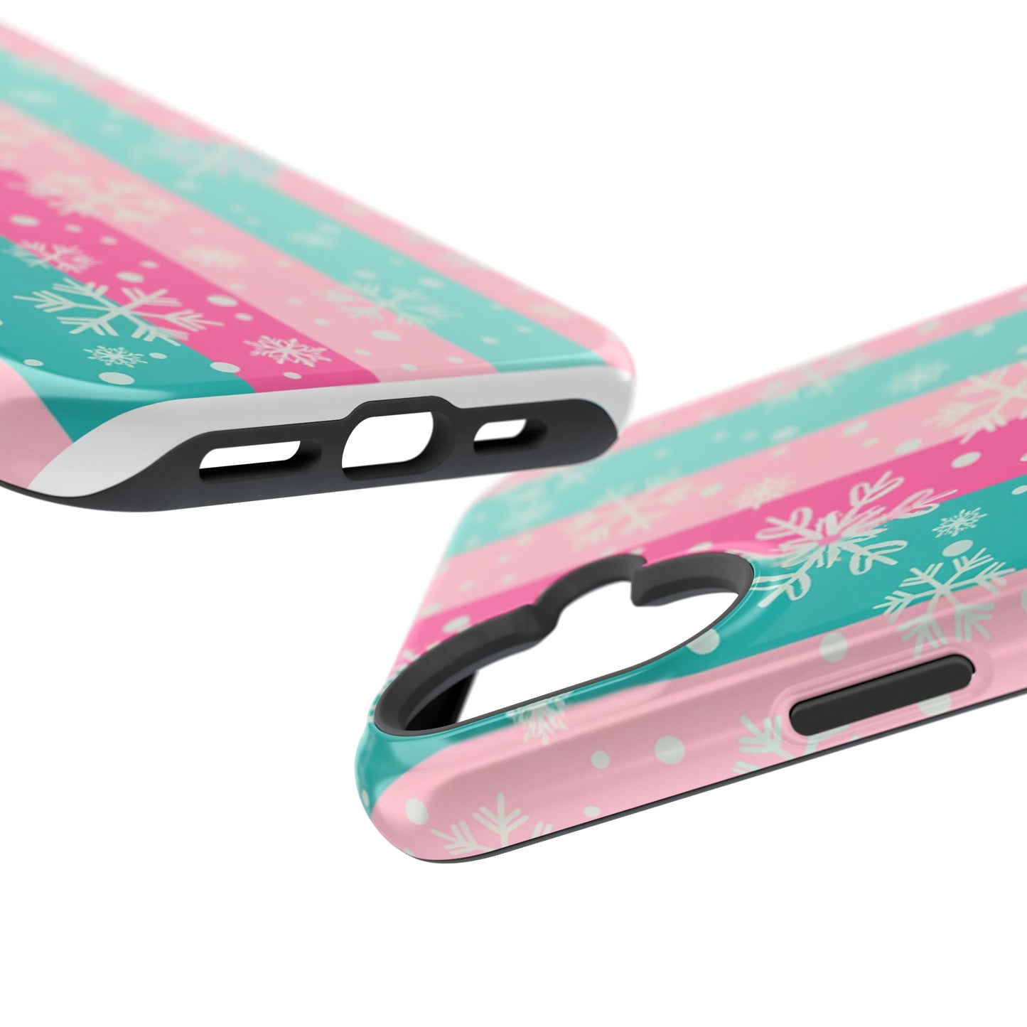 Snowflake Striped Magnetic Impact-Resistant Phone Case — Pink & Teal Winter Design