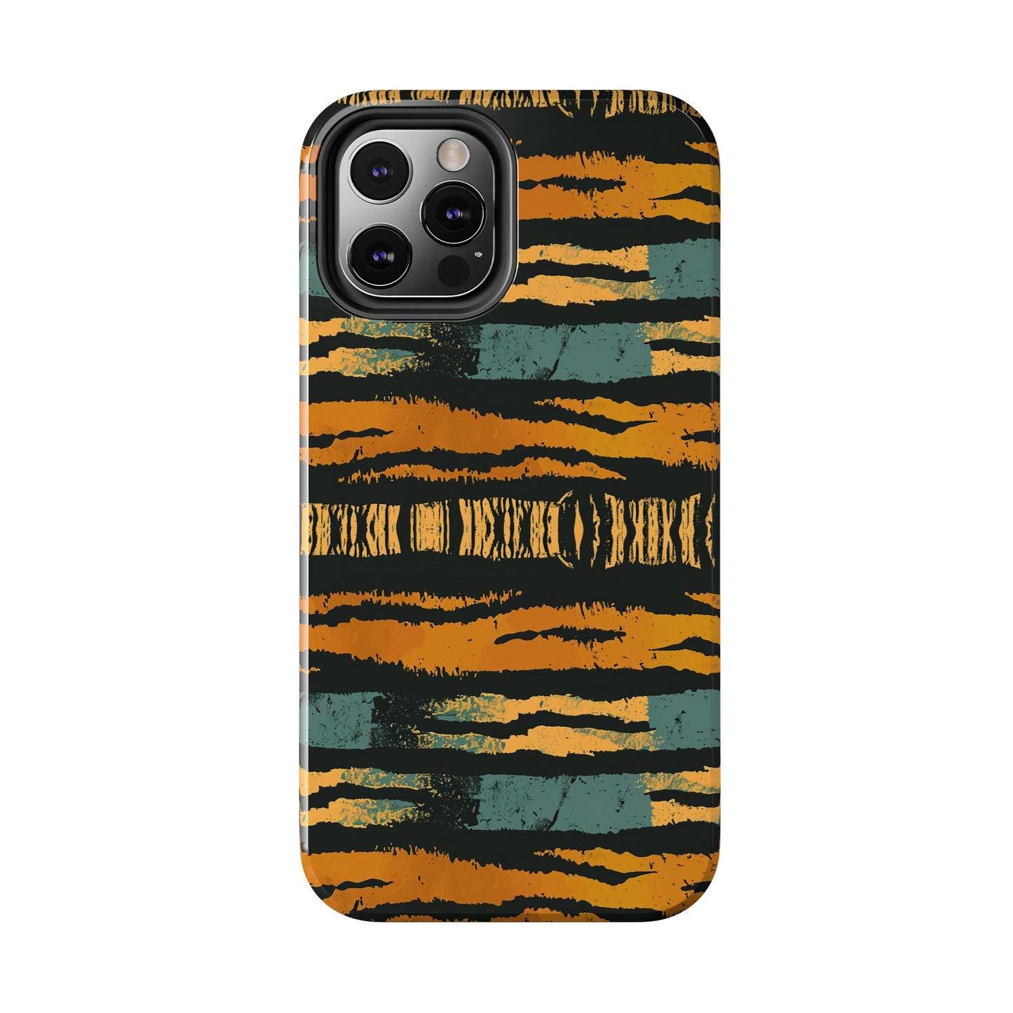 Tiger Stripe Tough Phone Case — Rugged Protective iPhone Cover with Amber & Teal Brushstroke Pattern