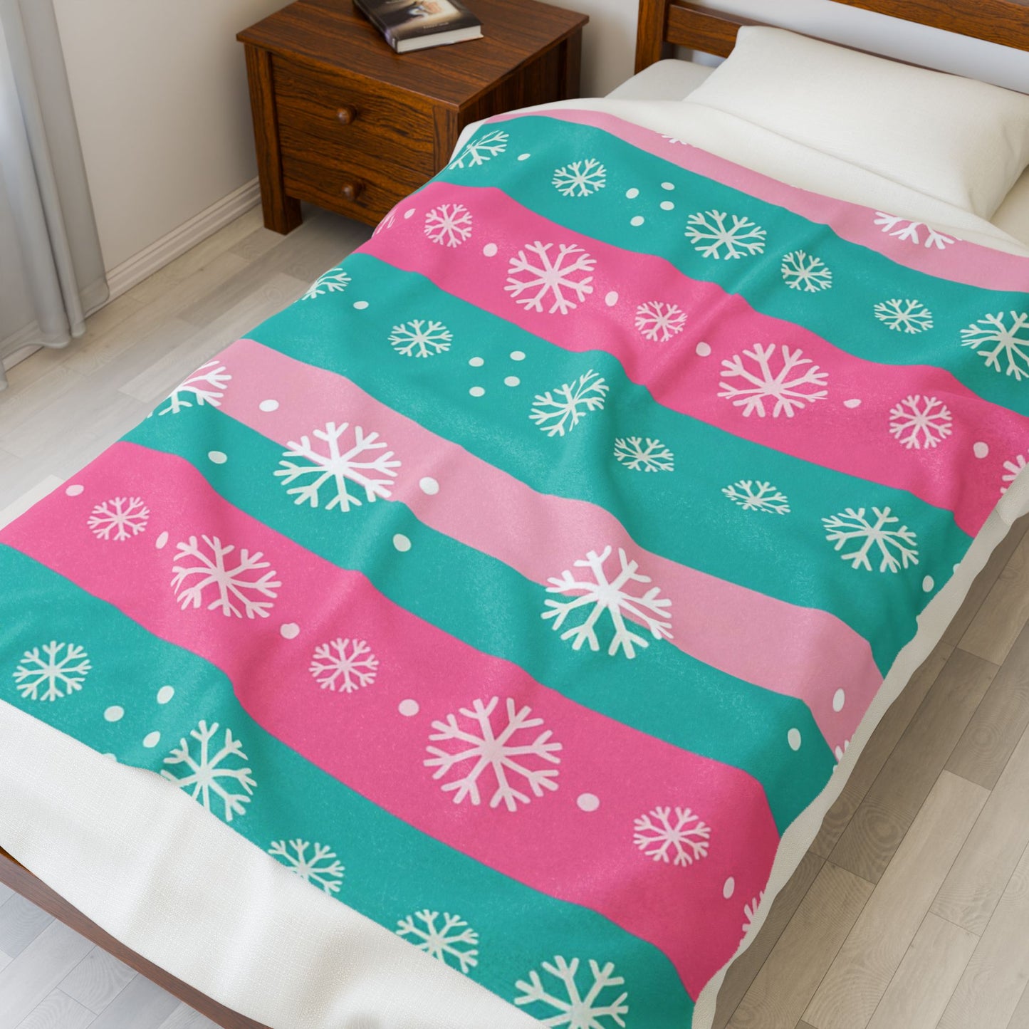 Snowflake Stripe Plush Blanket — Teal & Pink Velveteen Throw