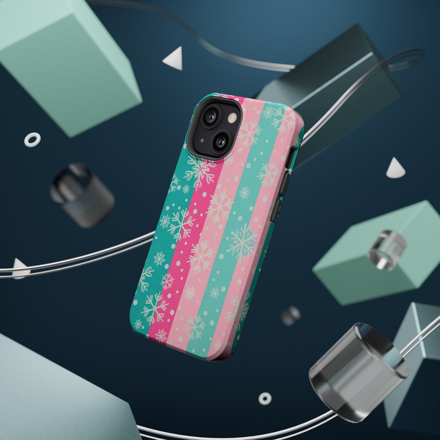 Snowflake Striped Magnetic Impact-Resistant Phone Case — Pink & Teal Winter Design