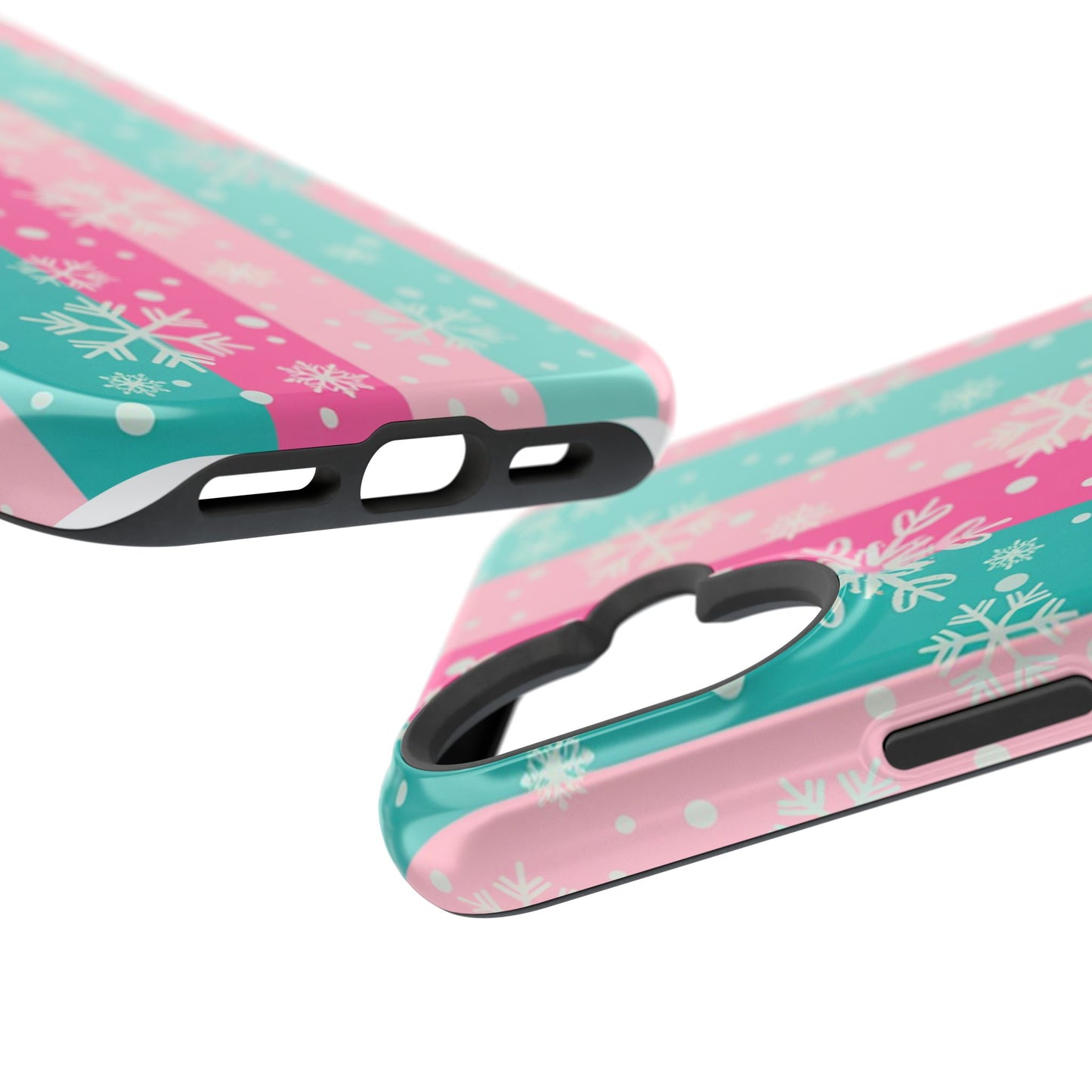 Snowflake Striped Magnetic Impact-Resistant Phone Case — Pink & Teal Winter Design
