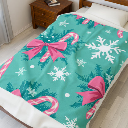 Christmas Candy Cane Plush Blanket — Teal Snowflake Velveteen Throw