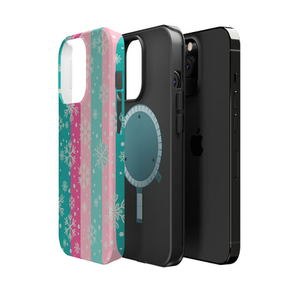 Snowflake Striped Magnetic Impact-Resistant Phone Case — Pink & Teal Winter Design