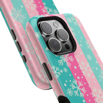 Snowflake Striped Magnetic Impact-Resistant Phone Case — Pink & Teal Winter Design