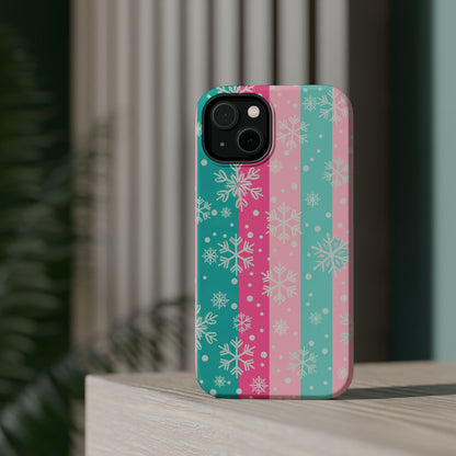 Snowflake Striped Magnetic Impact-Resistant Phone Case — Pink & Teal Winter Design
