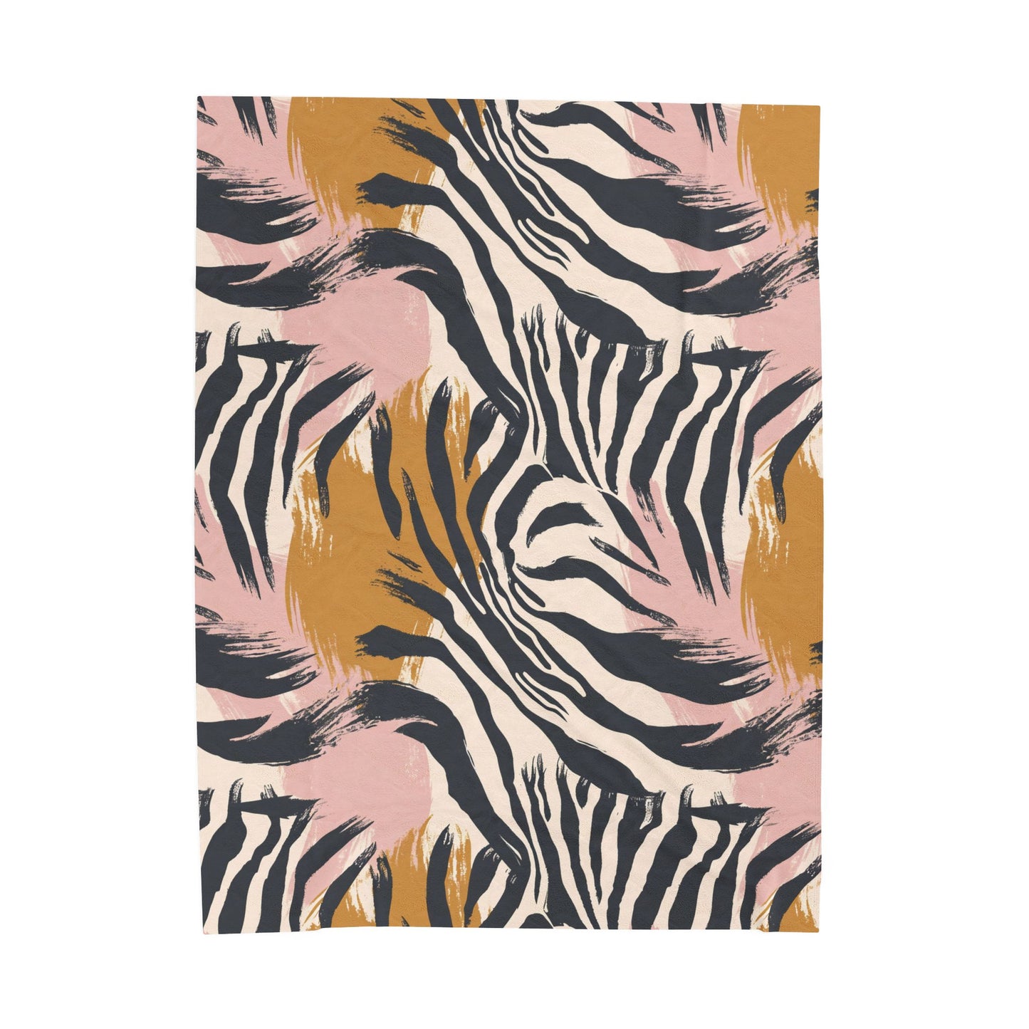 Velveteen Plush Blanket – Pink & Mustard Abstract Zebra Print Cozy Throw