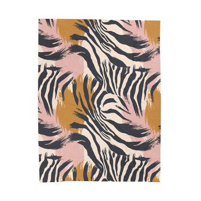 Velveteen Plush Blanket – Pink & Mustard Abstract Zebra Print Cozy Throw