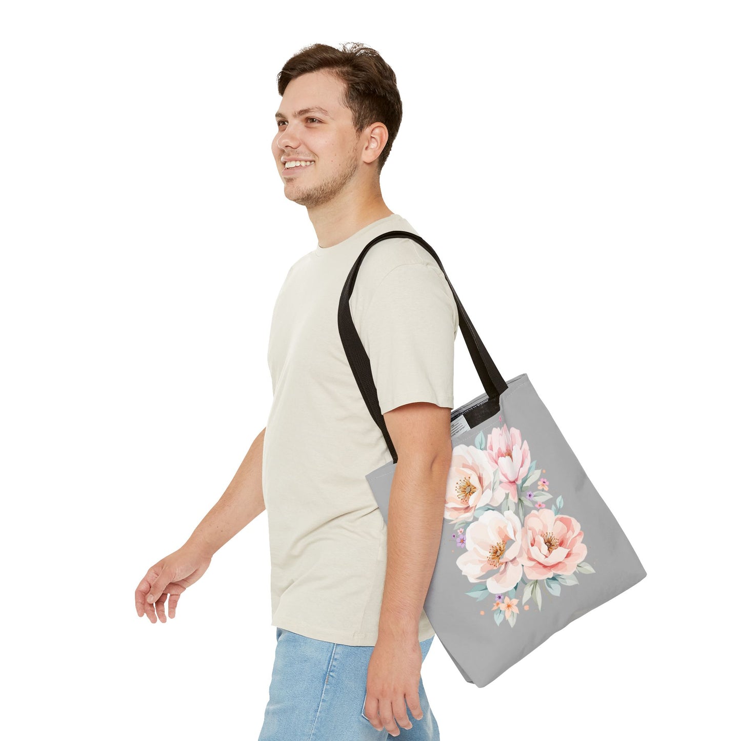 Floral Peony Tote Bag — Pink Watercolor Flowers on Grey